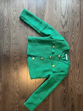 Green Bouclé Button-Front Girl’s Blazer